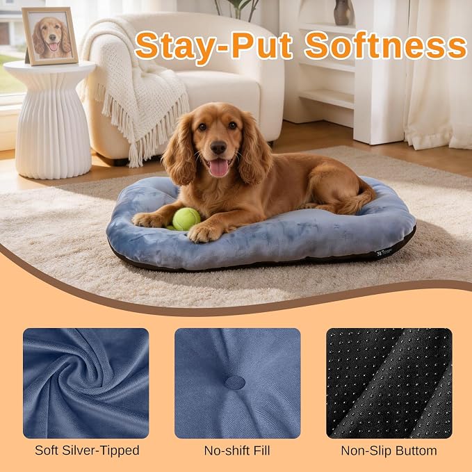 Washable Oval Small Dog Bed, Silver-Tipped High-Resilience, Dusty Blue | Non-Slip Bottom Prevents Sliding,Soft Plush Short Fur,Machine Washable Cushion,Ideal for Crates & Small Spaces,23"x17"x2.8"