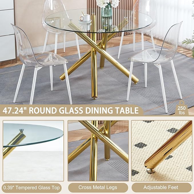 47.24" Round Dining Table for 6 8, Modern Clear Glass Kitchen Table for 6 with Gold X Metal Legs, Contemporary Circle Dining Room Leisure Dinner Tables for Kitchen Apartment