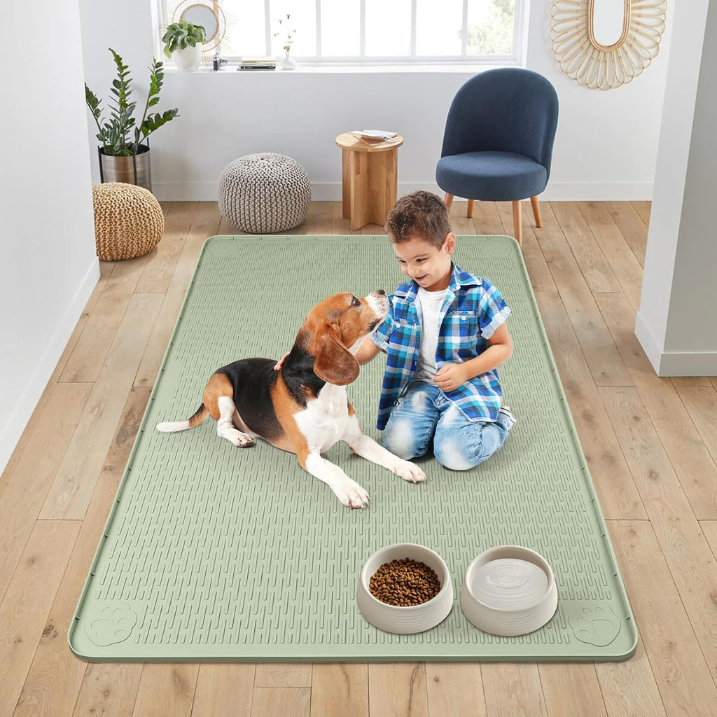 Dog Food Mat, Extra Large 50" x 35" Silicone Pet Feeding Mat with Raised Edge Pet Placemat for Small, Medium, and Large Pets Non-Slip, Easy to Clean (Green)