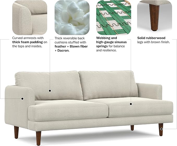 SIMPLIHOME Livingston 76-inch Wide Sofa in Cream White Woven-Blend Fabric, Handcrafted Loveseat Couch for Living Room or Family Room, Mid-Century Modern Style, Solid Wood Frame