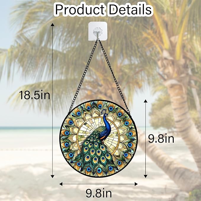 Stained Glass Window Hanging - Retro Peacock Decoration Suncatcher for Door Garden Home Bird Feather Sun Catchers Christmas Mother's Day Birthday Gifts for Women Men Mom Nana Friend 9.8 in