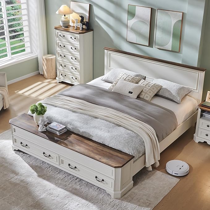 T4TREAM Farmhouse King Bed with Headboard and Storage Bench, Rustic Wood Platform Bed with 80" Storage Chest w/ 4 Large Drawer (Antique White)