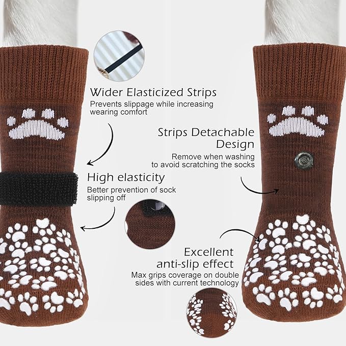 EXPAWLORER Anti Slip Dog Socks to Prevent Licking Paws, Dog Shoes for Hot Pavement, Dog Booties for Small Medium Large Senior Dogs, Traction Control Boots & Paw Protectors for Hardwood Floors Coffee