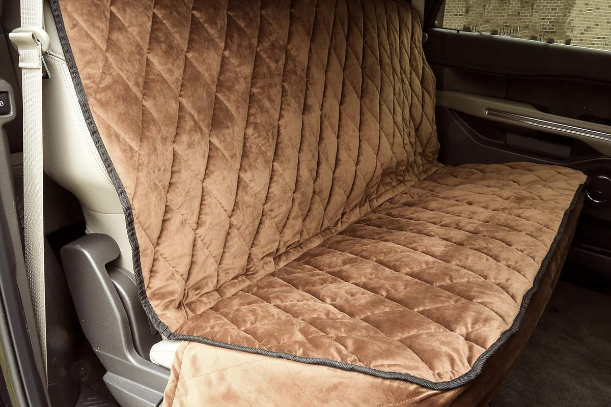 Plush Paws Products Velvet Rear Car Seat Protector w/o Hammock | Washable & Waterproof Back Seat Dog Cover for Car, Truck, & SUV | Nonslip, Tear Resistant Pet Seat Cover | X-Large Desert Sand