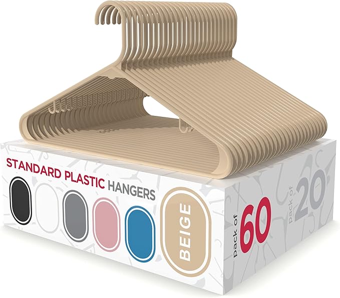 Sharpty Plastic Hangers Clothes Hangers for Clothing, Closet, Coats & Shirts - Durable, Thick, Tough & Space Saving - for Everyday Standard Use, Room Essentials & Basics - 60 Pack - Beige