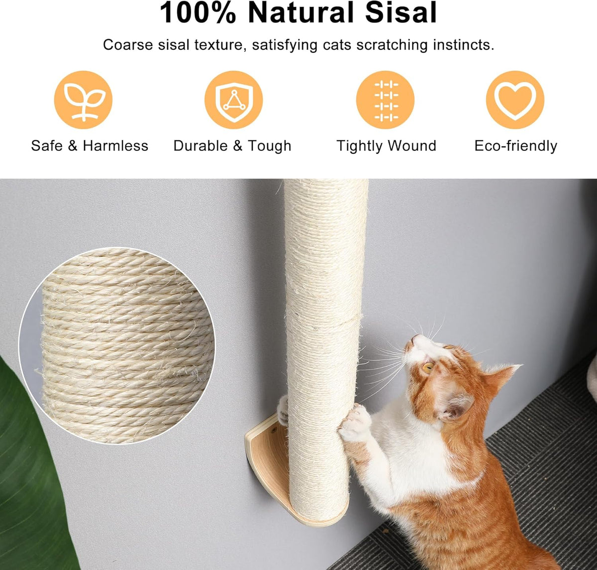 FUKUMARU Cat Wall Scratcher, 28" Wall Mounted Kitten Scratching Post, Sturdy Sisal Climbing Tree for Indoor Cats