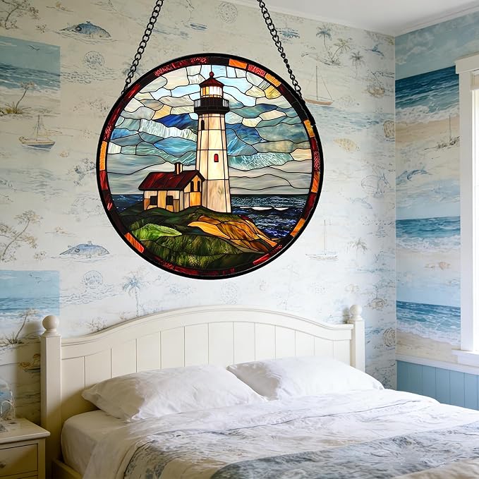 Stained Glass Window Hanging, Ocean Lighthouse Sun Catchers Glass Panel Blue Green Suncatcher Decor for Birthday for Women, Men, Wife, Aunt, and Mom 11.8 in