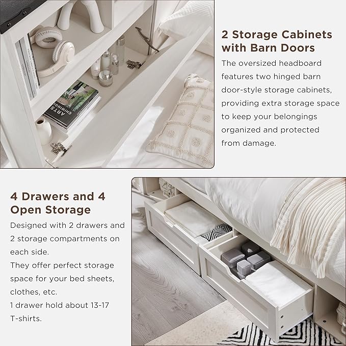 ACCOHOHO Farmhouse King Size Bed Frame with 52" High Storage Bookcase Headboard and 4 Drawers,Wooden Bed Frame with LED Light and Charging Station,White