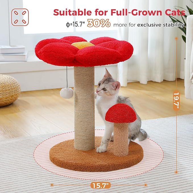 PETEPELA Cat Scratching Post, Mushroom Cat Scratcher Cute Cat Tree Tower with Thick Scratching Post & Removable Flower Cats Bed [Dia=15.7''], Tall Post for Kittens and Indoor Small, Brown