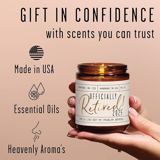 Retirement Gift for Woman - 'Officially Retired 2025' Candle, w/Champagne on Ice I Happy Retirement Gifts for Women 2025 I Retired Gifts for Women I 50Hr Burn, Made in USA