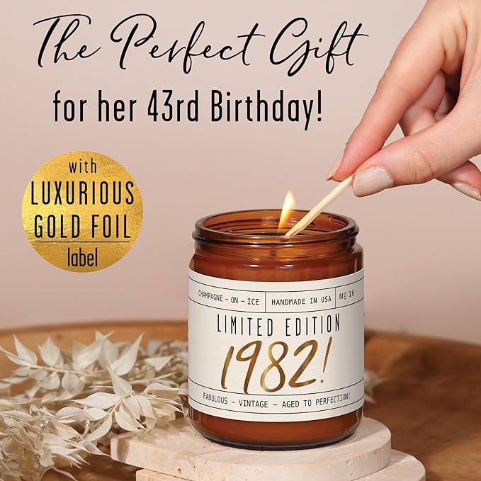 43rd Birthday Gifts for Women - 'Limited Edition 1982' Soy Candle, w/Champagne on Ice I 43 Birthday Gifts for Women I 43rd Gift for Her Ideas I 9oz Reusable Jar, 50Hr Burn, Made in USA