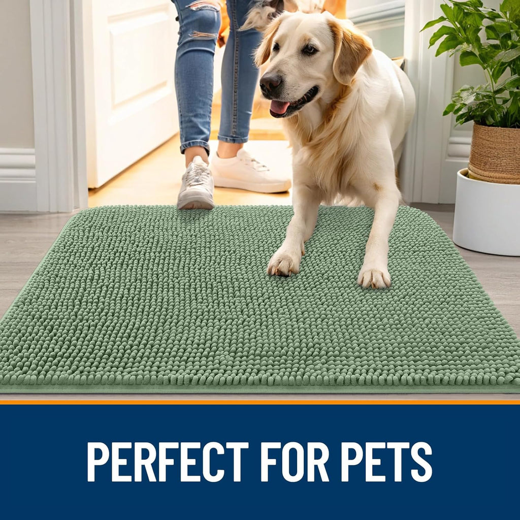 OLANLY Dog Door Mat for Muddy Paws 54x24, Absorbs Moisture and Dirt, Absorbent Non-Slip Washable Doormat, Quick Dry Chenille Mud Mat, Entry Indoor Entryway Carpet for Inside Floor, Olive Green