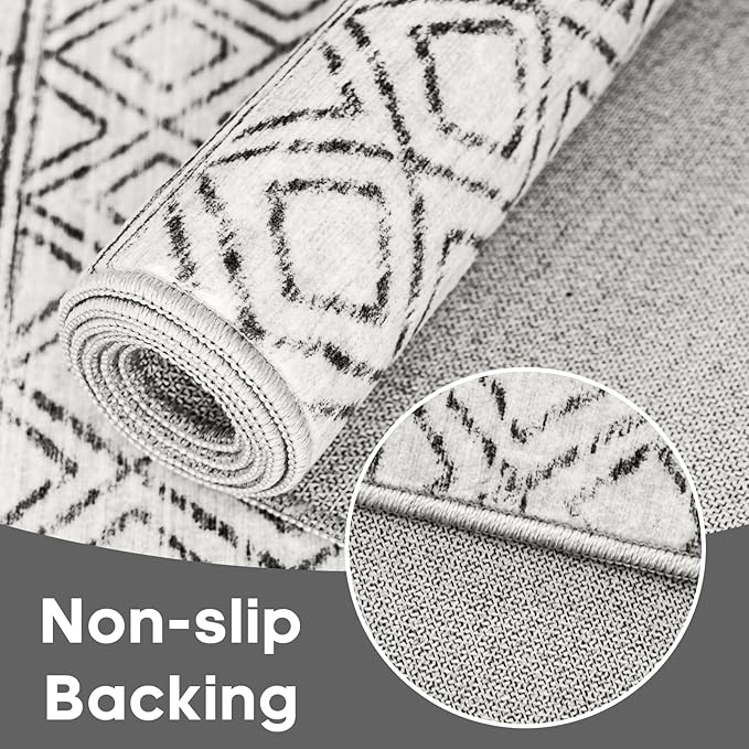 Washable Runner Rug 3x20 - Extra Long Runner Rugs for Hallways Low Pile Rug with Rubber Backing Floor Mat Non Slip Moroccan Indoor Carpet for Kitchen Bedroom Entryway 3x20 Geo Grey