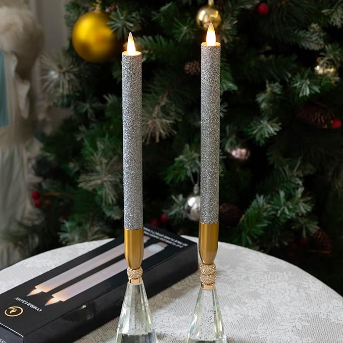 Flameless Taper Candles Flickering with Remote and Timer, 3D Moving Flame Taper Candle Battery Operated to 400 Hours, 9 Inch Window Candles, (Glitter Silver)