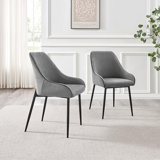 Furniturebox UK Dining Chairs - 2X Beaumont Grey Fabric Black Leg Chairs - Pair of Dining Chairs - Upholstered Polyester Chair - Modern Dining Room Furniture - Contrasting Black Piping