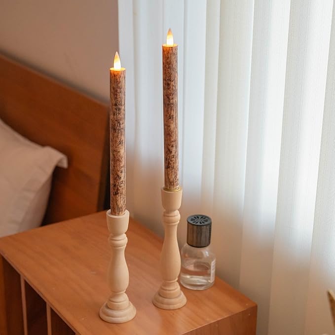 Flameless Taper Candles Flickering with Remote and Timer, 3D Moving Flame Taper Candle Battery Operated to 400 Hours, 9 Inch Window Candles, (Bark)