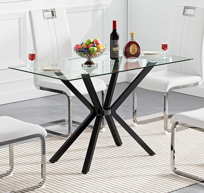 47.2" Glass Dining Table, Modern Kitchen Table for 4 People, Contemporary Rectangular Dining Room Dinner Tables with Clear Glass Top & Black Metal X Legs for Kitchen Apartment