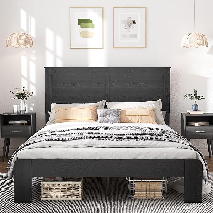 Full Size Bed Frame, Rustic Vintage Platform Bed Frame with Wood Headboard and Footboard, 12 Wood Slats Support, No Box Spring Needed (Black, Full)