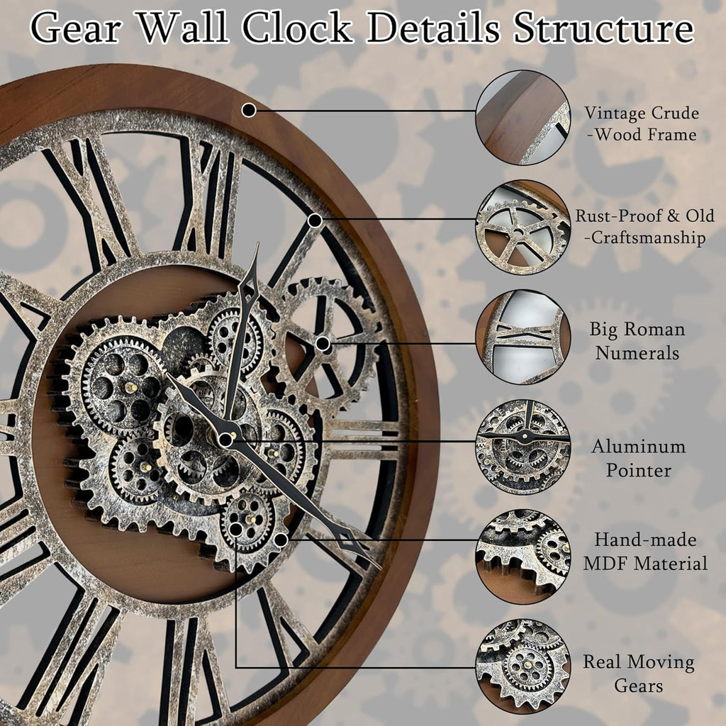 HOIBAI Clocks for Living Room Decor, Large Wall Clock 24 in (60cm) Clocks Wall Decor, Moving Gear Wall Clock, Farmhouse Vintage Industrial Oversized