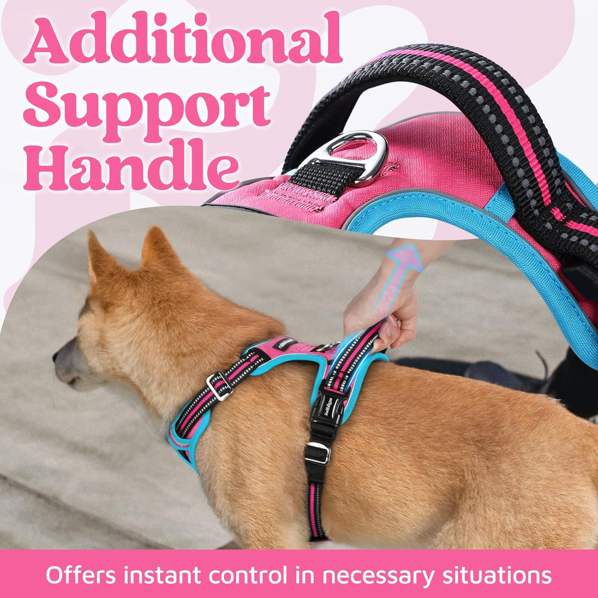 rabbitgoo Dog Harness Medium Sized, No Pull Dog Vest with 3 Buckles, Adjustable Soft Padded Pet Harness with Easy Control Handle and Reflective Strips, Rose Pink & Blue, M