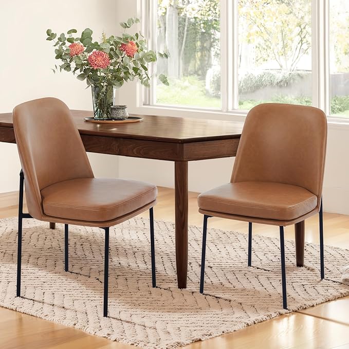 COLAMY Modern Dining Chairs Set of 2, Faux Leather Upholstered Kitchen Chairs with Curved Back & Metal Legs, Mid-Century Dining Room Chair (Brown)