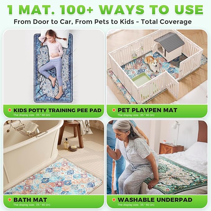 Hompet Reusable Pee Pads for Dogs, Non-Slip Washable Potty Pads for Floor 35x60 Inch Green 2Pack