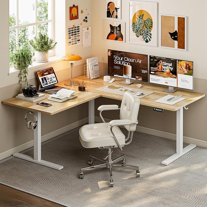 Grandder 63 x 55 Inch L Shaped Standing Desk, Electric Height Adjustable Corner Stand Up Desk, Sit Stand Corner Table Home Office Table, Oak Top White Frame