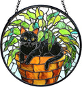 TNUW Black Cat Plant Stained Glass Window Hanging, Black Cat Botanical Sun Catchers Indoor Window Glass Round Wall Art Decor, Wall Hanging Decorations, 7.9＂x7.9＂