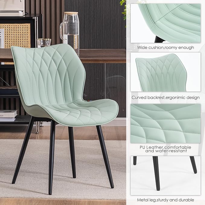 Kidol & Shellder Modern Dining Chairs Set of 2 Comfy Dining Room Chairs with Thick Cushions PU Leather Upholstered Kitchen Side Chairs with Metal Legs Mint-Green