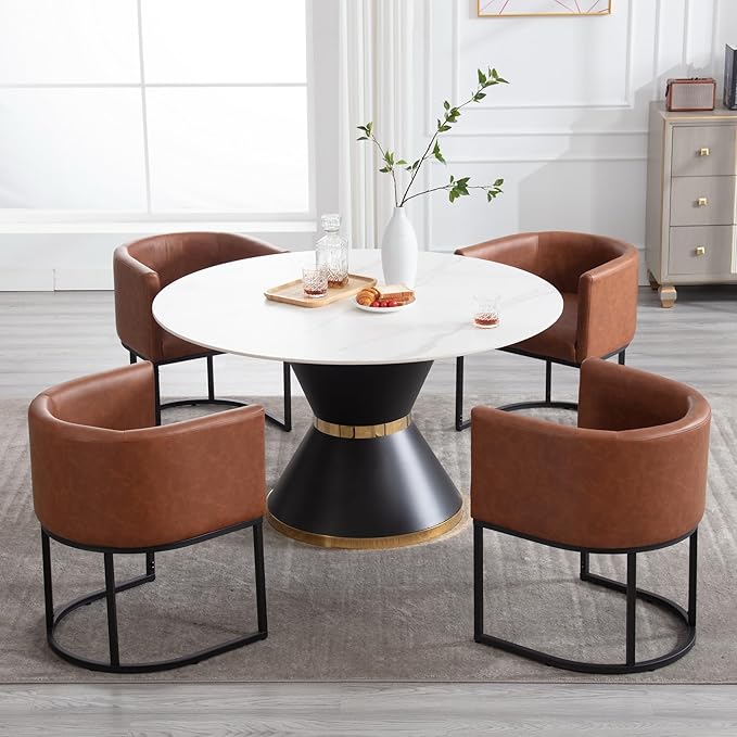 Faux Leather Dining Chairs Set of 4 Modern Barrel Arm Chairs with Black Metal Frame, Upholstered Kitchen Chairs 18.5" Wide Accent Chairs for Living Room Dining Room Restaurant, Brown