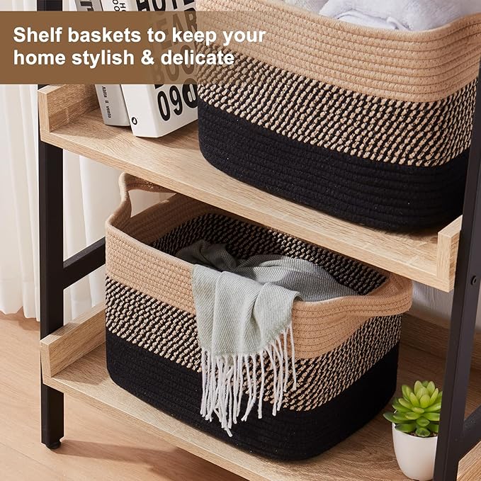 Storage Basket for Organizing, Woven Baskets for Storage, Rectangle Decorative Baskets for Shleves, Closet, Toys, Books, Nursery Organizer Bins - Pack of 3 (Black & Brown, 13"x9.85"x8.7")