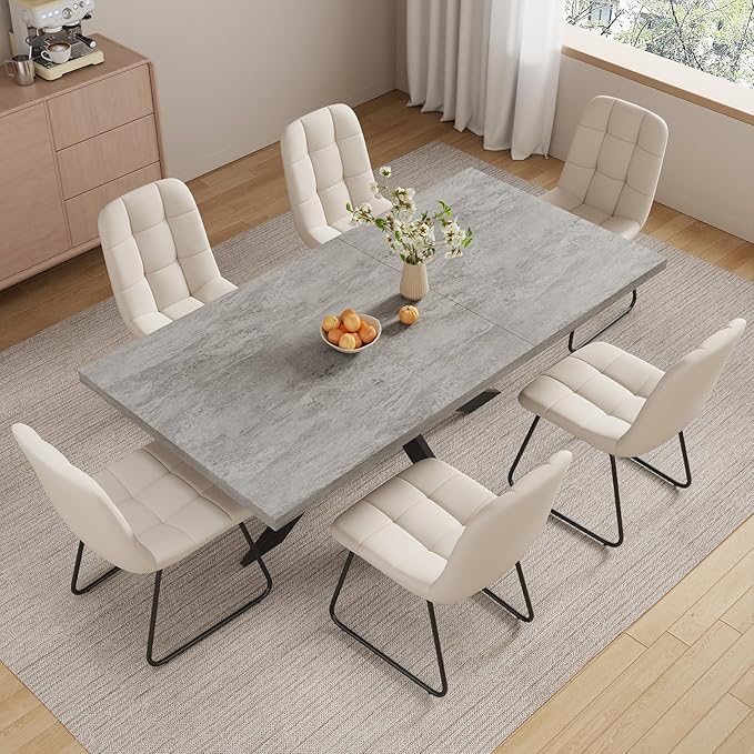 ZckyCine 6-8 Person Modern Rectangular Dining Table Set with 6 Chairs, Expandable Kitchen Table (51 to 63 Inches), Space-Saving Design, Metal Frame, Gray Tabletop & White PU Leather Chairs
