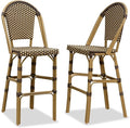 PURPLE LEAF French Bar Stool Set of 2 Bamboo Print Finish Patio Bar Stools with Back Rattan Chairs Wicker Bar Height Stool 30" with Footrest Kitchen Island Stools Outdoor Barstool Brown