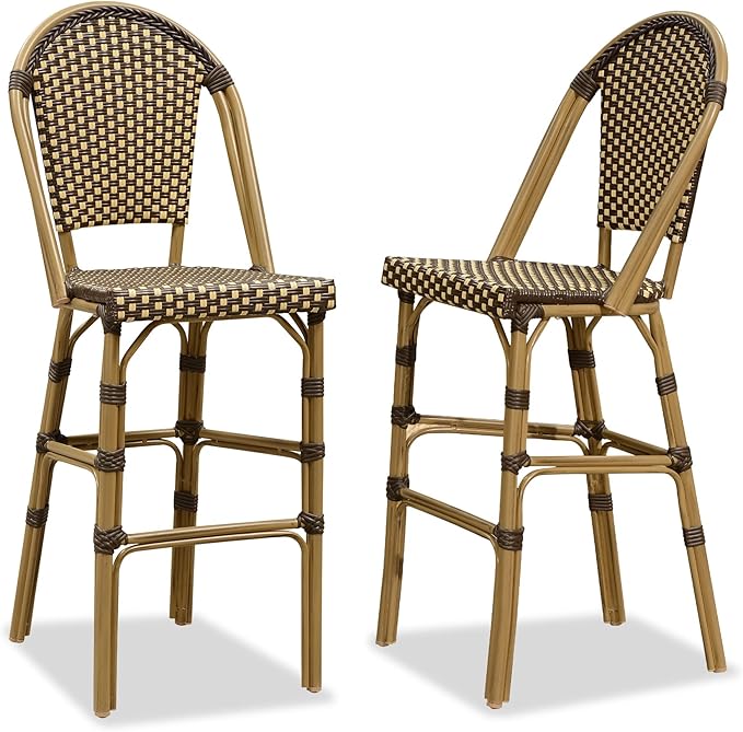 PURPLE LEAF French Bar Stool Set of 2 Bamboo Print Finish Patio Bar Stools with Back Rattan Chairs Wicker Bar Height Stool 30" with Footrest Kitchen Island Stools Outdoor Barstool Brown