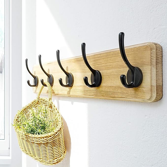 Dseap Coat Rack Wall: Patented, Heavy-Duty, 5-Double-Hooks Wooden Wall Mounted Coat Rack Coat Hanger Hook Rail for Winter Coats Hat Jacket Clothing, Light Brown, Pack of 2