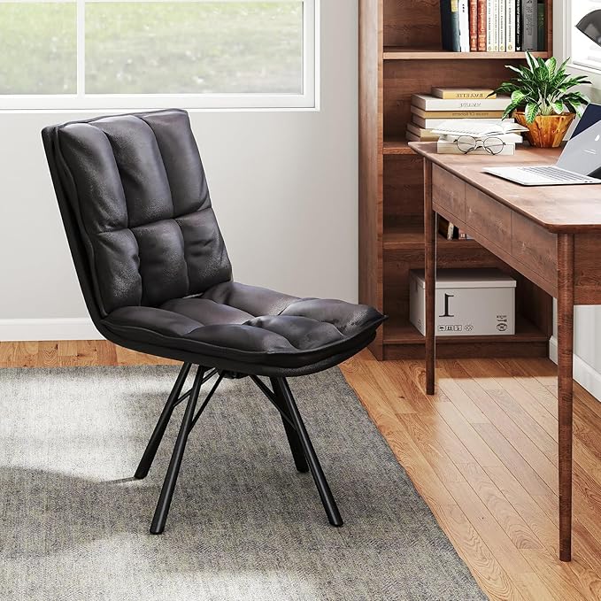 Bestier Dining Chair, Upholstered Modern Kitchen Chair, Armless Home Office Desk Chair, Ergonomic PU Leather Vanity Table Chair with Metal Legs for Dinning Room, Kitchen & Bedroom, Black