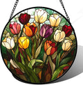 Stained Glass Window Hanging Colorful Tulip 9.8" - Flower Suncatcher Door Garden Sun Catcher Home Plant Decor Birthday Mother's Day for Mom Woman Friend Nana Colleague
