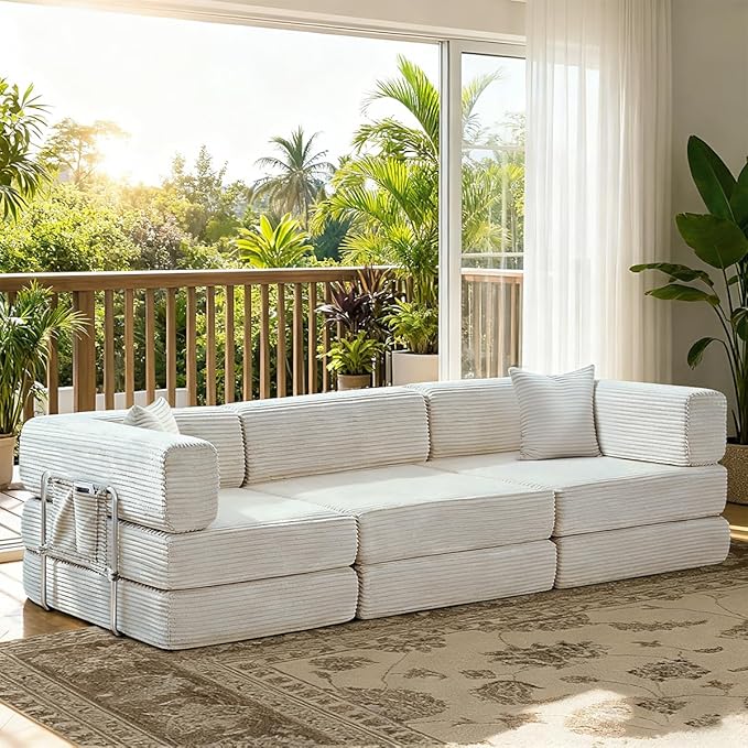 Folding Sofa Bed Convertable Corduroy Couch King Size Floor Sleeper 4-in-1 DIY Combination Modular Sofa Fold Out Futon Lounge Comfy Foldable Lazy cama for Living Room (Off-White)