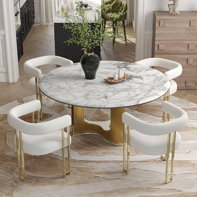 Set of 4 Modern White Boucle Dining Chairs with Gold Metal Legs, Mid Century Accent Upholstered Barrel Armchairs with Open-Back for Kitchen, Dining Room, Living Room, Apartment