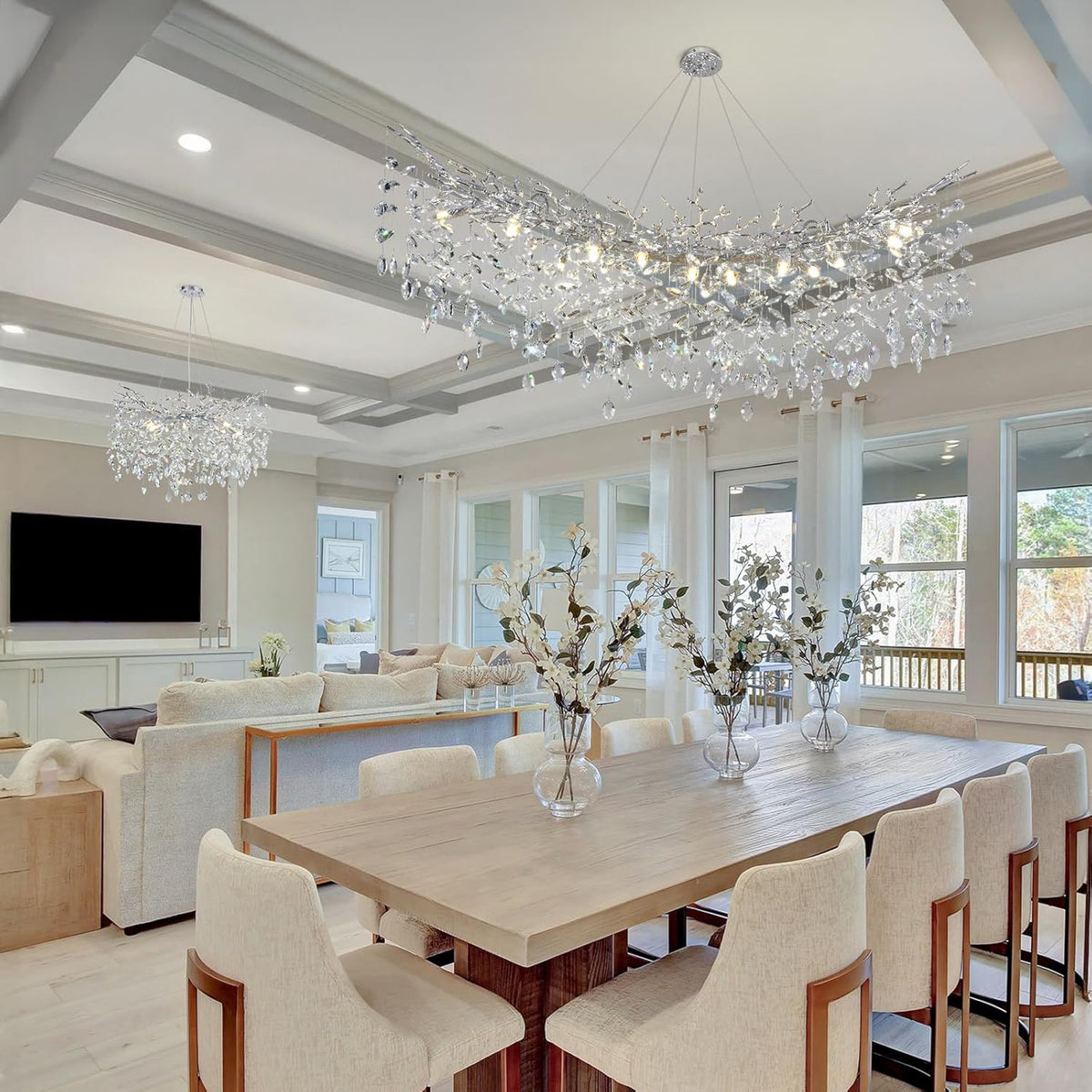 Modern Crystal Silver Chandelier, 55" Large Rectangular Oval Tree Branch Crystal Chandeliers for Dining Room,16-Light Flush Mount K9 Crystal Chandeliers, for Kitchen Island,Dining Room