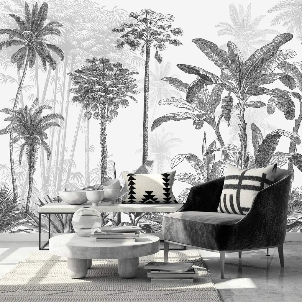 AFZEVEB-Black and White Jungle Wallpaper Hand-Painted Tree Wall murals for Bedroom 159"x107" (Not Peel and Stick)