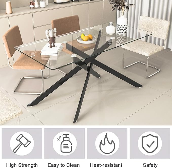 Modern Glass Dining Table Set for 4, Black Glass Kitchen Table and Chairs Set of 4, 5 Piece Dining Room Table Set with 61" Rectangular Metal Glass Dinner Table and 4 White Leather Dining Chairs