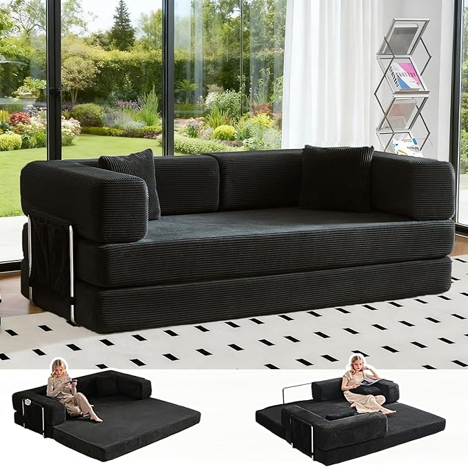 Folding Sofa Bed Convertable Corduroy Couch King Size Floor Sleeper 4-in-1 DIY Combination Modular Sofa Fold Out Futon Lounge Comfy Foldable Lazy cama for Living Room (Black, 80.15")