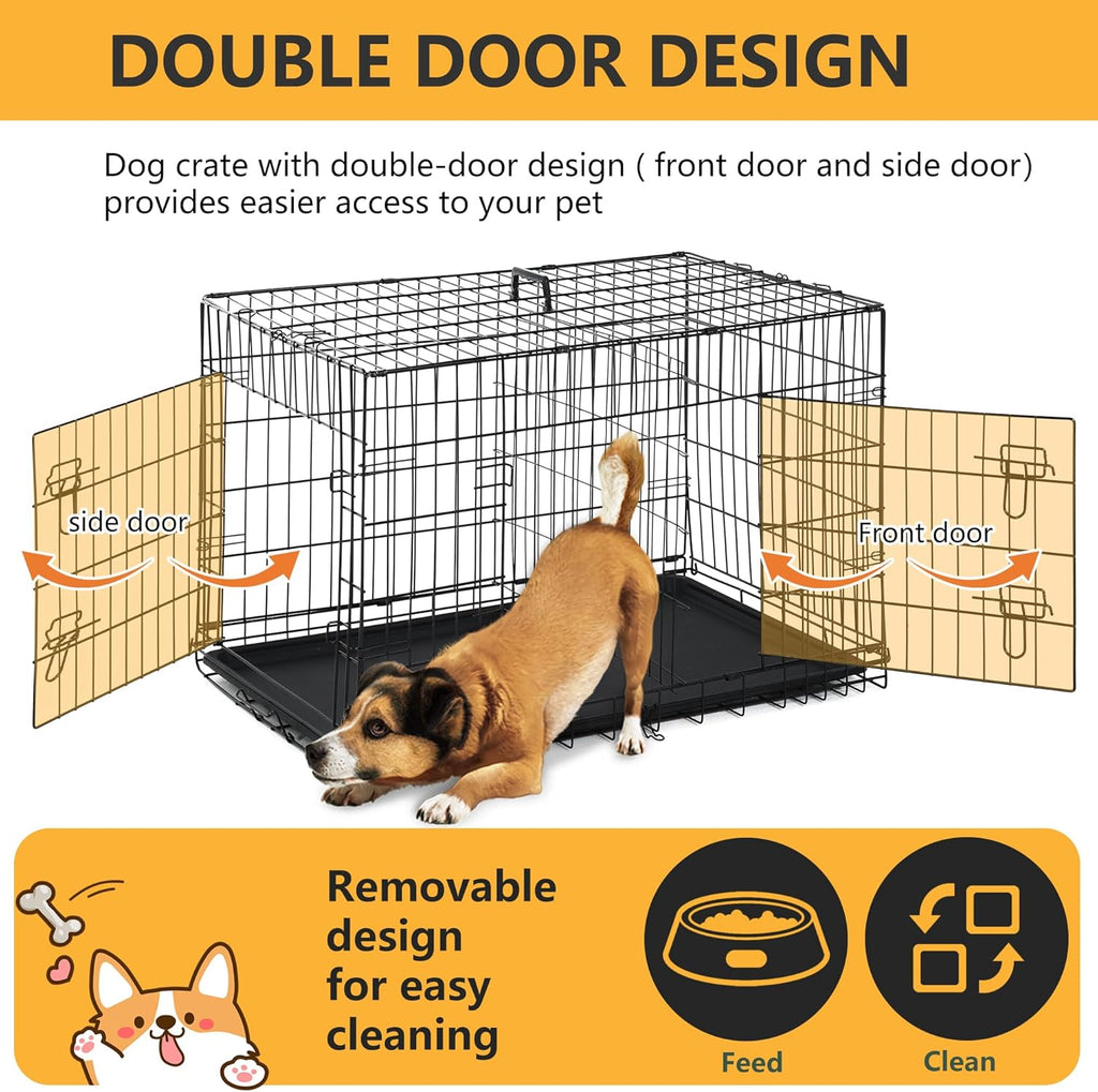 FDW Dog Crate Dog Kennel Cage with Double Door,36 inch Folding Metal Wire Dog Cage with Removable Tray&Divider Panel,Pet Crate for Medium Dogs,Black