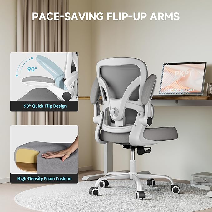 Office Chair with Adjustable Lumbar Support, 330 LBS Home Office Desk Chair with Flip-up Armrests, Mesh Computer Chair for Long Day Use, White and Gray