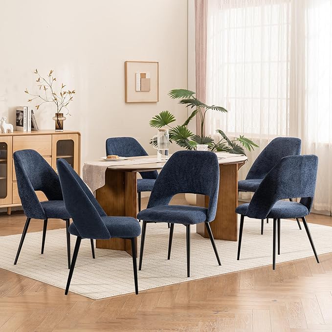 Rowill Boucle Dining Chairs Set of 6, Morden Upholstered Dining Room Kitchen Chairs with Metal Legs for Living Room, Bedroom, Restaurant, Blue
