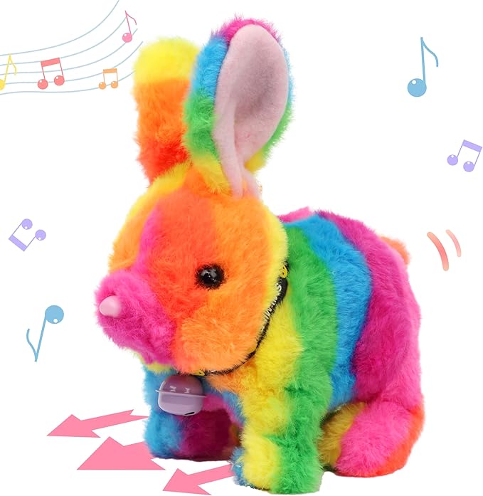 Hopearl Hopping Rabbit with Bell Interactive Electronic Pet Plush Bunny Toy with Sounds and Movements Animated Walking Wiggle Ears Twitch Nose Gift for Toddlers Birthday, Rainbow, 7''