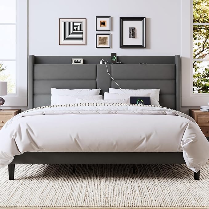 Allewie King Size Platform Bed Frame with Charging Station & Storage Headboard, Upholstered Velvet Wingback Design & USB Port, Strong Wooden Slats Support, No Box Spring Needed, Easy Assembly, Grey