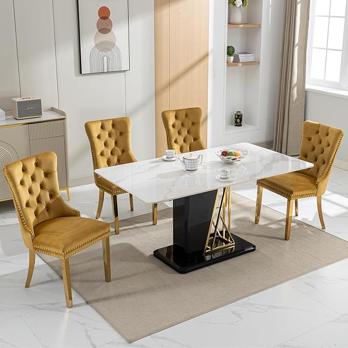 Luxury Upholstered Dining Chairs Set of 4, Yellow Kitchen Chair with Golden Metal Legs, Velvet Tufted Back Dining Chair, Sillas de Comedor, Modern Kitchen & Dining Room Chairs (Gold, 4 Pcs)