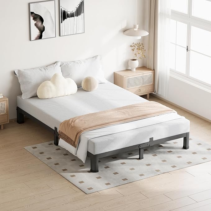 4 Inch Full Size Bed Frame, 3500Lbs Heavy Duty Metal Platform with Round Corner Legs Mattress Slide Stopper, Steel Slat Support No Box Spring Needed, Noise Free, Non-Slip, Easy Assembly